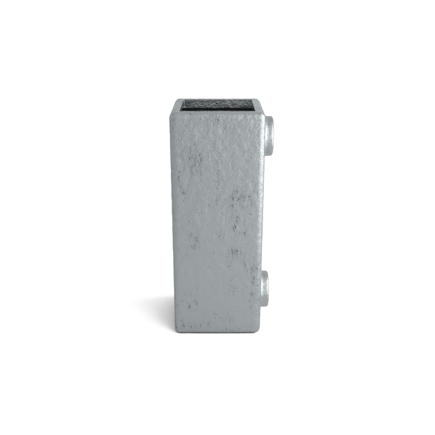 Boîtier métallique rectangulaire gris sur fond blanc. Surface rugueuse, légèrement texturée, avec un matériau plus foncé et granuleux dans la découpe carrée supérieure. À droite, deux fixations cylindriques, en haut et en bas.