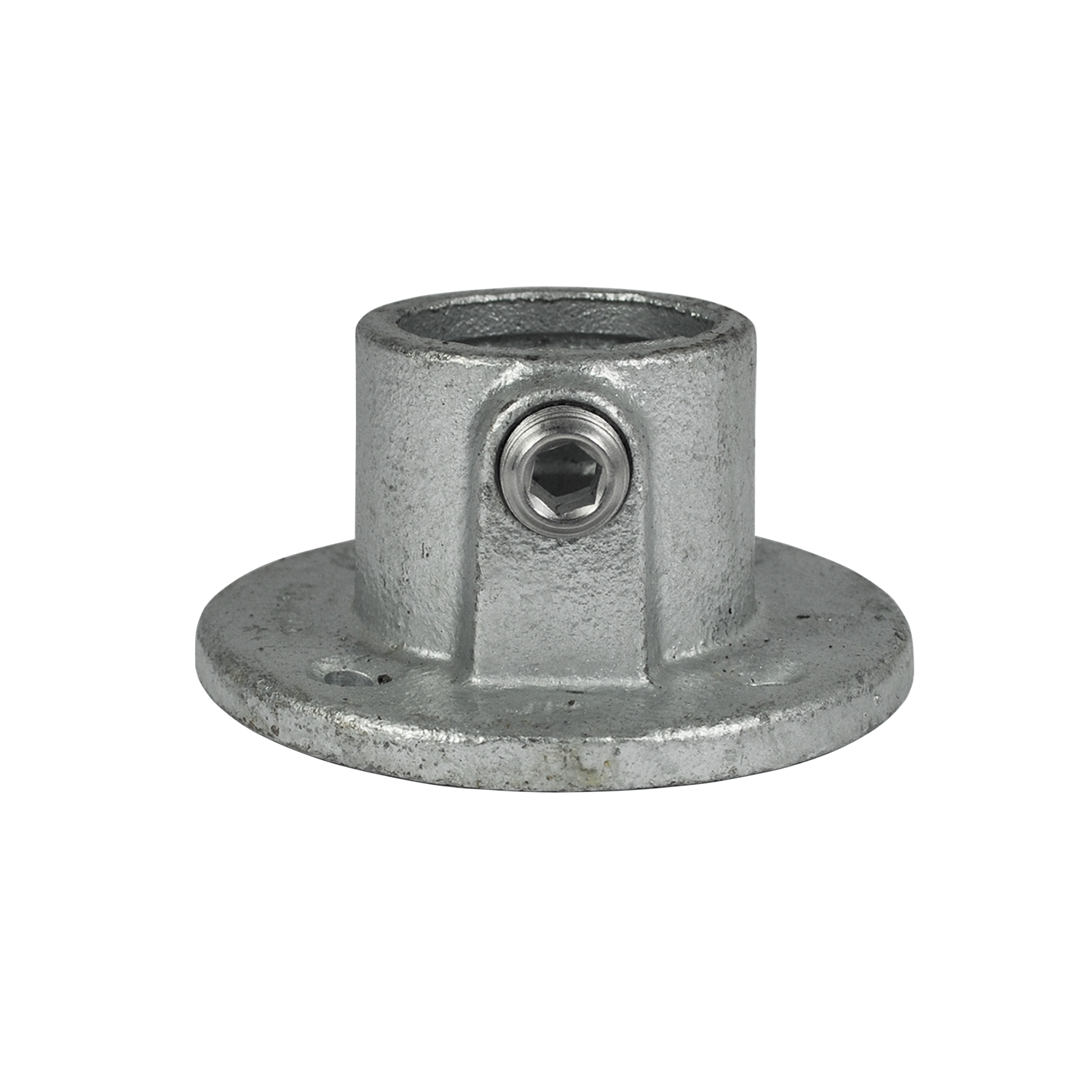Plaque de base ronde en métal gris galvanisé avec un raccord cylindrique central (33,7 mm). Une vis à six pans creux argentée sur le côté du cylindre permet de fixer solidement le tube. Plaque dotée de plusieurs trous de fixation.