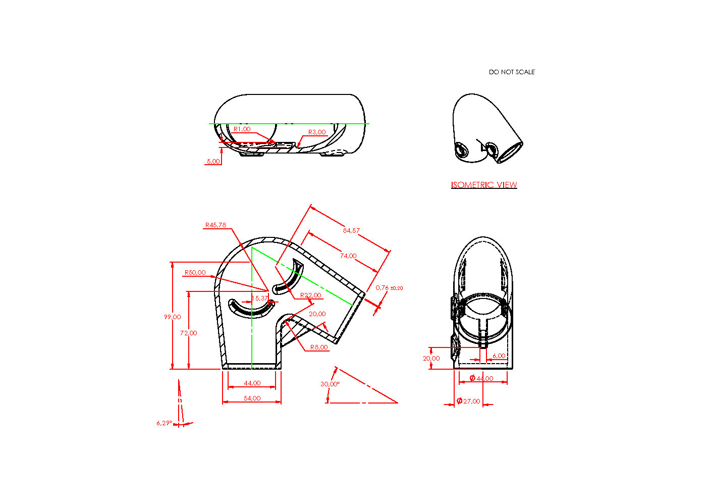 Dibujo técnico de un acoplador de codo variable para barandilla en varias perspectivas. Vistas detalladas con medidas de longitud, radios y ángulos, así como representación isométrica. Codo variable de 40–70° como tope final.