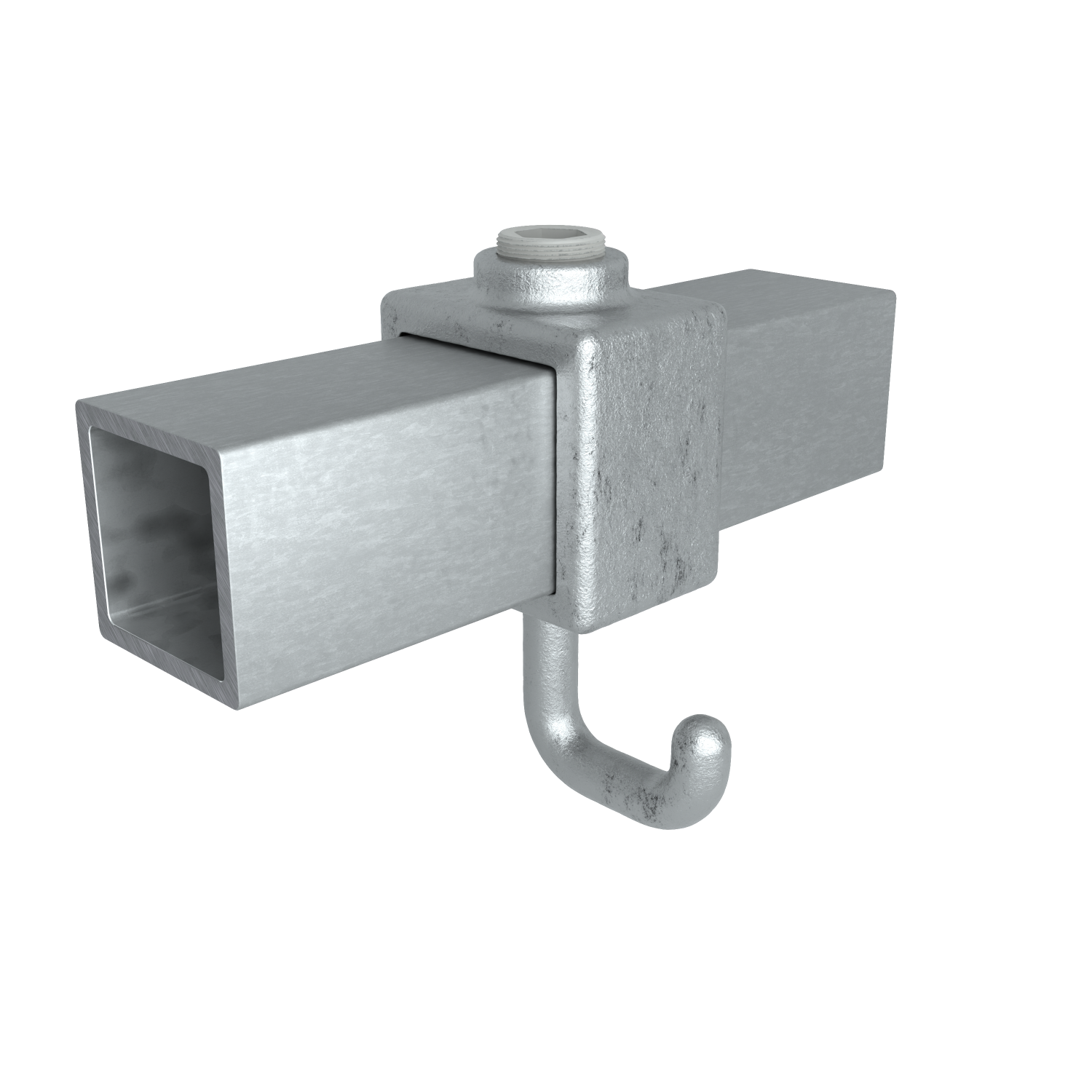 Sistema de sujeción metálico brillante con perfil hueco rectangular, sujeto por una abrazadera central con tapa roscada y un gancho curvado hacia abajo. La superficie metálica es ligeramente rugosa, característica típica del material galvanizado.