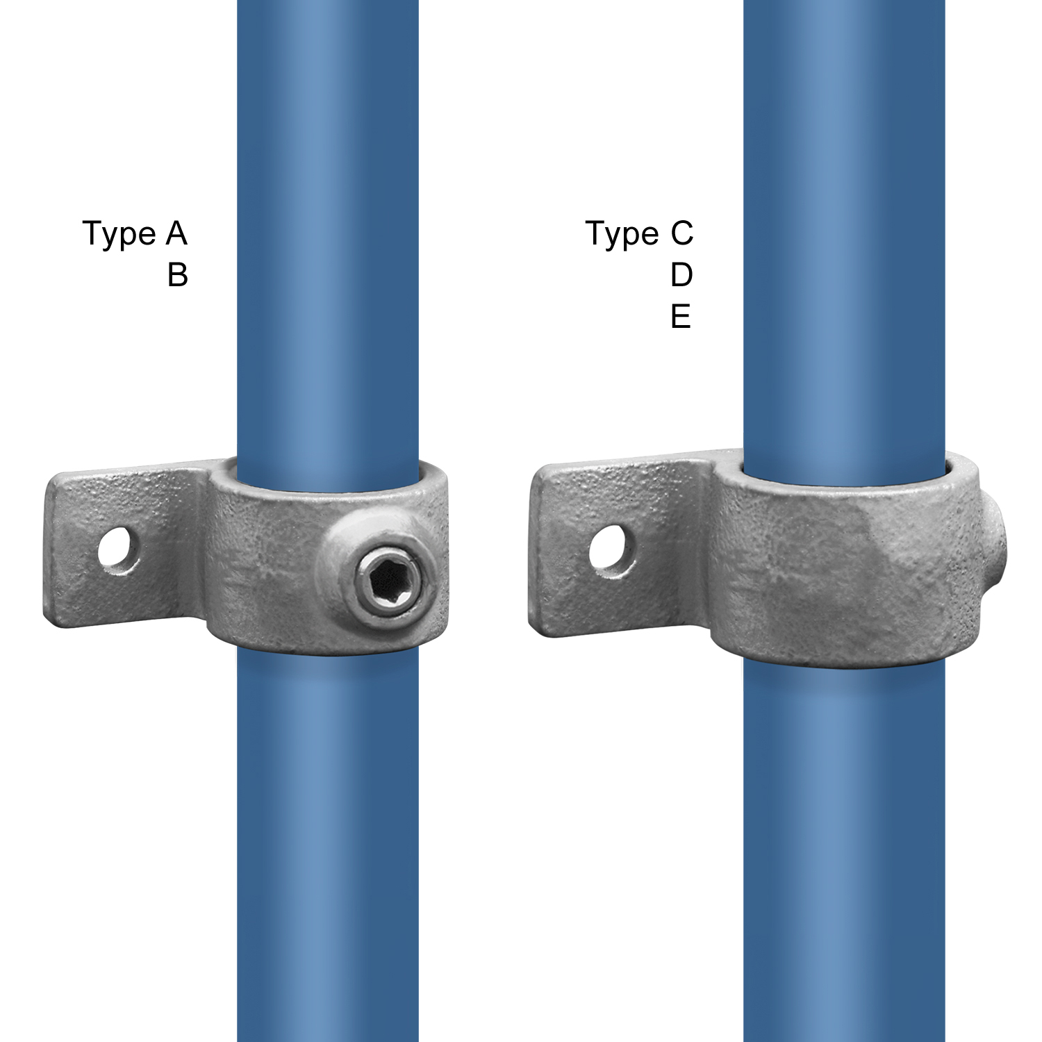 Deux raccords de tube gris, chacun avec languette simple, sont fixés sur tubes bleus. À gauche, œillet type A/B avec vis à six pans creux visible et trou rond. À droite, œillet type C/D/E avec trou, sans vis, pour fixation de panneaux.
