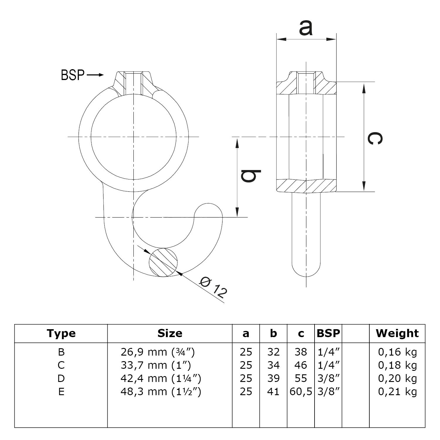 Dibujo técnico de un anillo de ajuste con gancho. Conector de tubos en vista frontal y lateral con unión roscada BSP superior. Tabla con los modelos según tamaño (26,9–48,3 mm), dimensiones (a, b, c), rosca BSP y peso. Ideal para percheros.