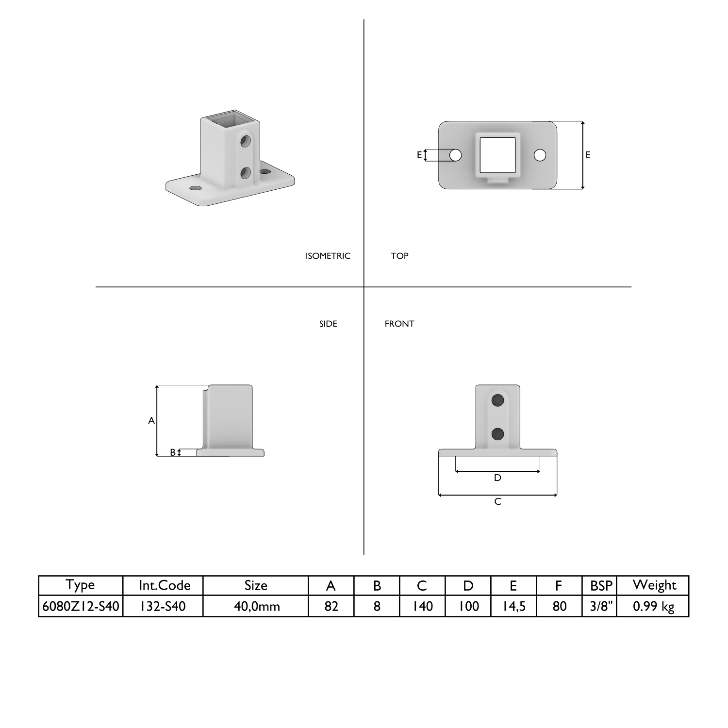 Dessins techniques d'une plaque de base rectangulaire pour tubes carrés. Quatre vues détaillées de la pièce de 40 mm : vue isométrique, vue de dessus, vue de côté et vue de face, ainsi qu'un tableau indiquant les dimensions exactes.