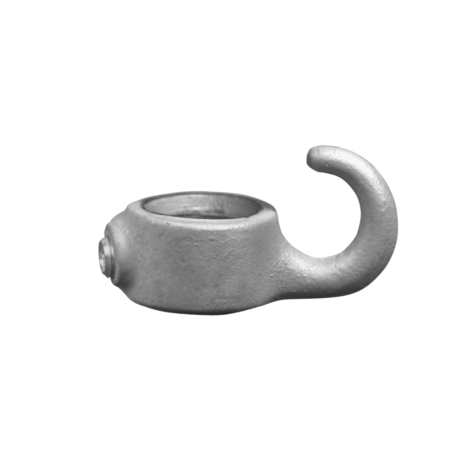 Bague de réglage métallique grise, dotée d'une ouverture pour vis sans tête à une extrémité et d'un crochet recourbé vers le haut à l'autre extrémité. Sert de raccord de tube (diamètre intérieur 42,4 mm) pour la fixation de chaînes.