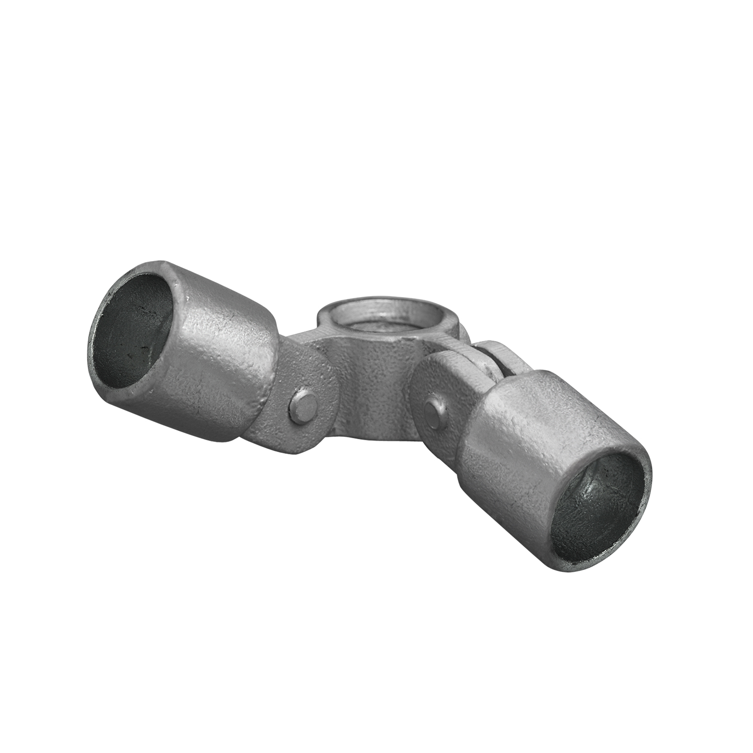 Raccord métallique à double articulation de couleur argentée pour la fixation angulaire réglable de tubes. Avec élément de liaison central et deux bras pivotants, chacun doté d'une ouverture ronde pour tubes de 42,4 mm. Bras à angle de 90°.