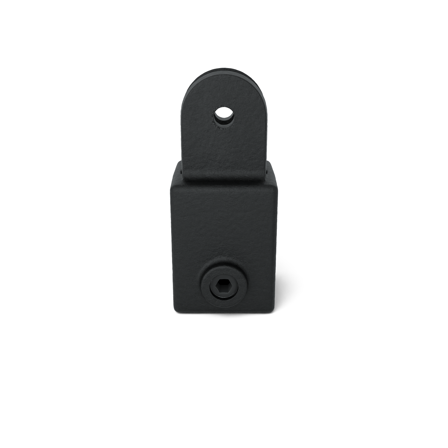 Pièce de raccordement en métal noir mat avec une base rectangulaire et un étrier arrondi. Une vis à six pans creux est visible sur le côté de la base. L'étrier présente une ouverture ronde sur le dessus pour l'insertion/la fixation d'un axe.