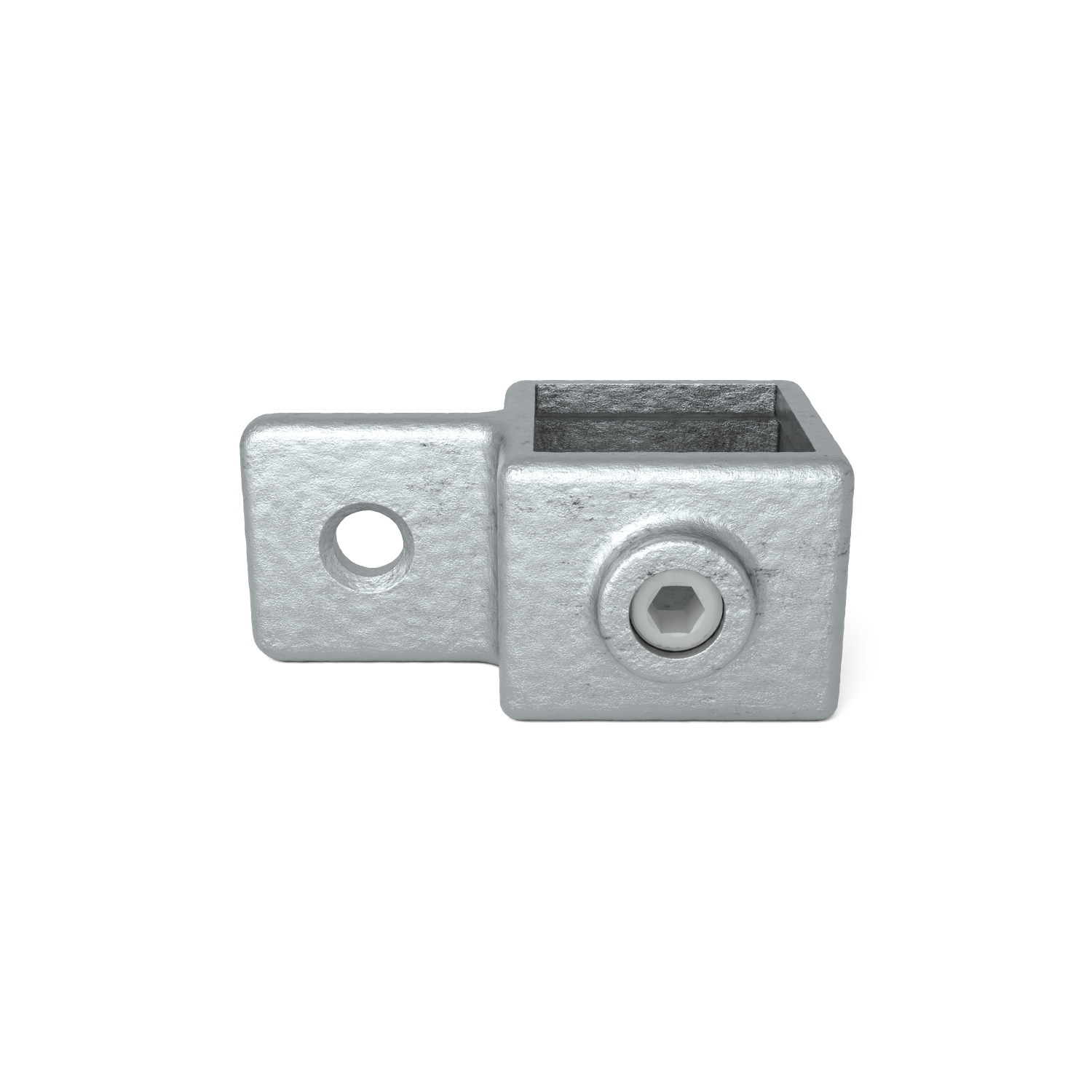 Conector metálico rugoso gris con abertura cuadrada a la derecha y saliente plano con orificio redondo a la izquierda. En el lateral del casquillo cuadrado hay un tornillo Allen de fijación. Metal galvanizado, aislado en blanco.