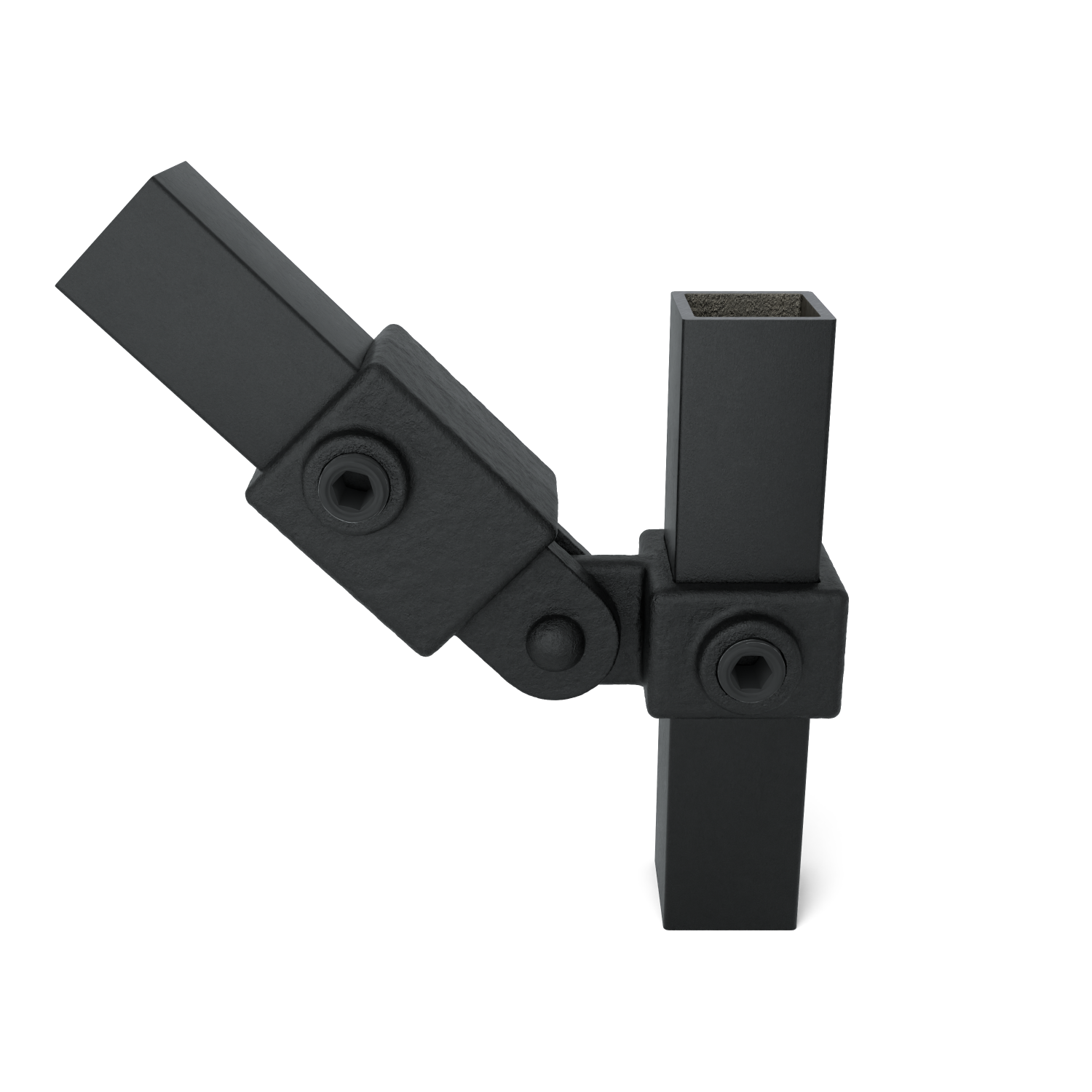 Raccord noir permettant de fixer deux tubes à des angles variables. Un tube est vertical, l'autre est incliné. Raccord pivotant mat avec vis à six pans creux noires pour un serrage sûr.