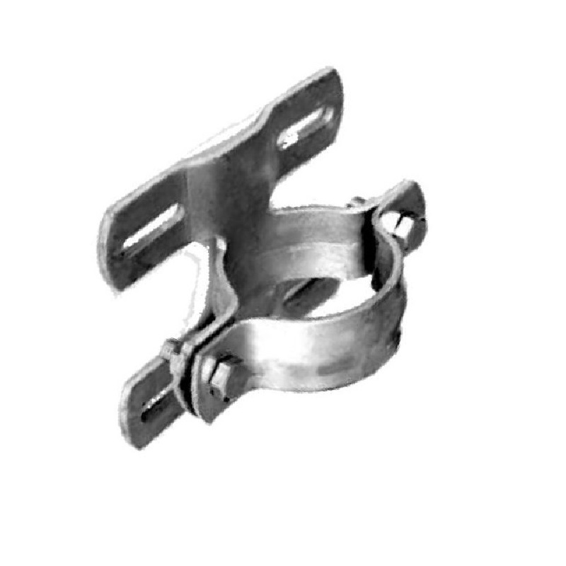 Robuste, glänzende T-Schelle aus verzinktem Metall mit Doppelsteg und zwei Befestigungsschlitzen. Der runde Klemmteil (Ø 70 mm) wird per Schraube und Mutter fest verschlossen und ist für stabile Montage ausgelegt.