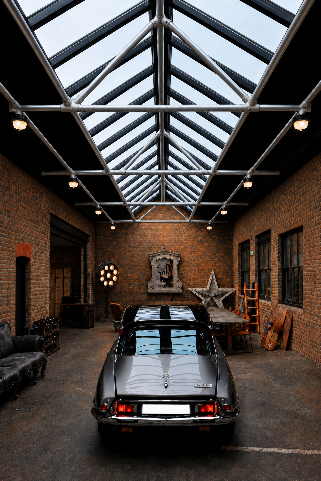 Ein grauer Citroën DS 19 steht von hinten in einem großen Raum mit roten Backsteinwänden und dunklem Boden. Ein Glasdach mit Metallstreben erhellt die Szene. Industriestil: Ledersofa, Holztisch, Stern-Deko, Stehlampe.