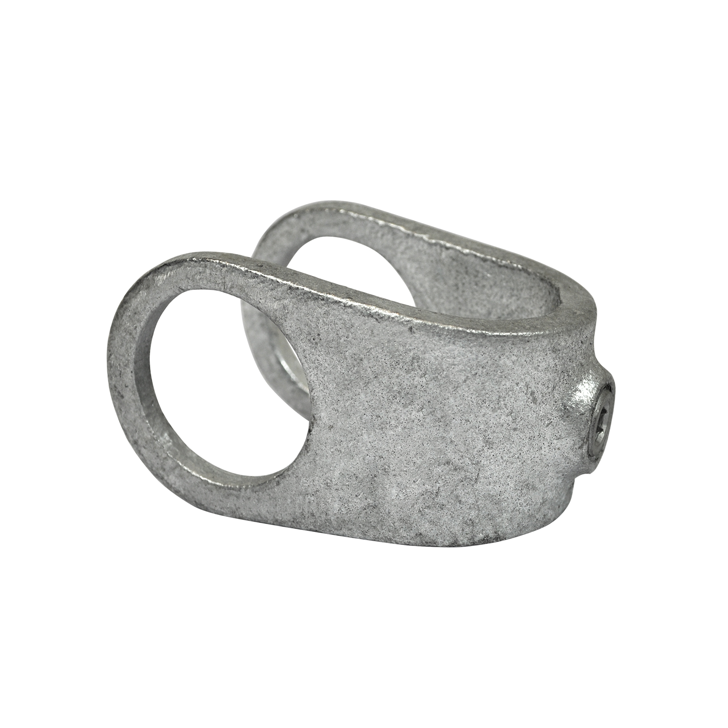 Una pieza en cruz de metal gris plateado mate a modo de abrazadera abierta para uniones de tubos. Presenta dos aberturas ovaladas en forma de anillo, unidas por una parte central plana. Se aprecia un tornillo de fijación en el lateral.