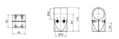 Technische Zeichnung einer zylindrischen Rohrschelle in drei Ansichten: Vorderansicht (Höhe 110mm, Ø 50mm, 2 Befestigungspunkte), Draufsicht (60x60mm, 4 Schrauben) und Seitenansicht (Teillänge 40mm). Maße.