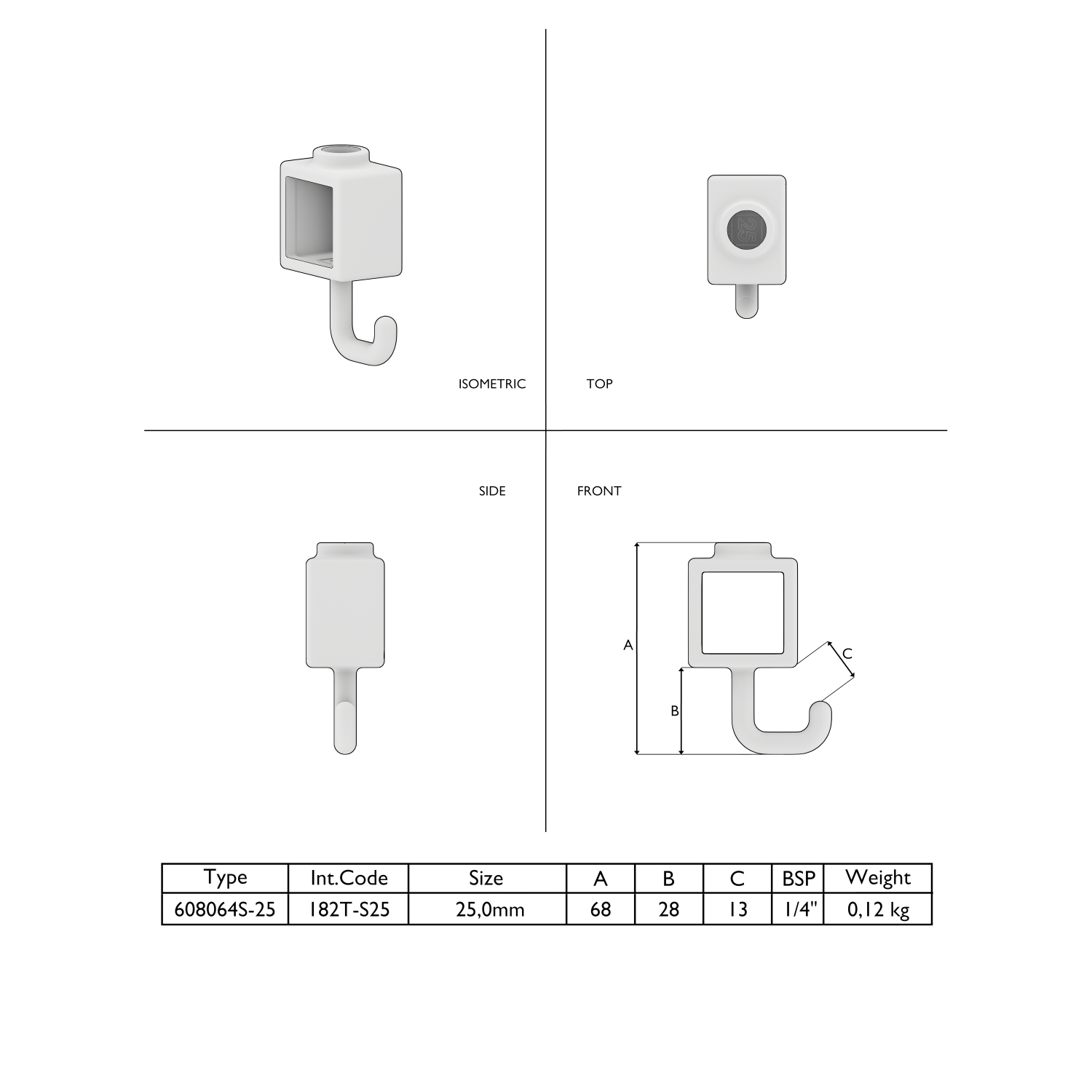 Dibujo técnico de un gancho de suspensión blanco y rectangular, representado en cuatro vistas: isométrica, superior, lateral y frontal, con las cotas A, B y C. Una tabla situada debajo muestra detalles como el tipo, el código, el tamaño y el peso.
