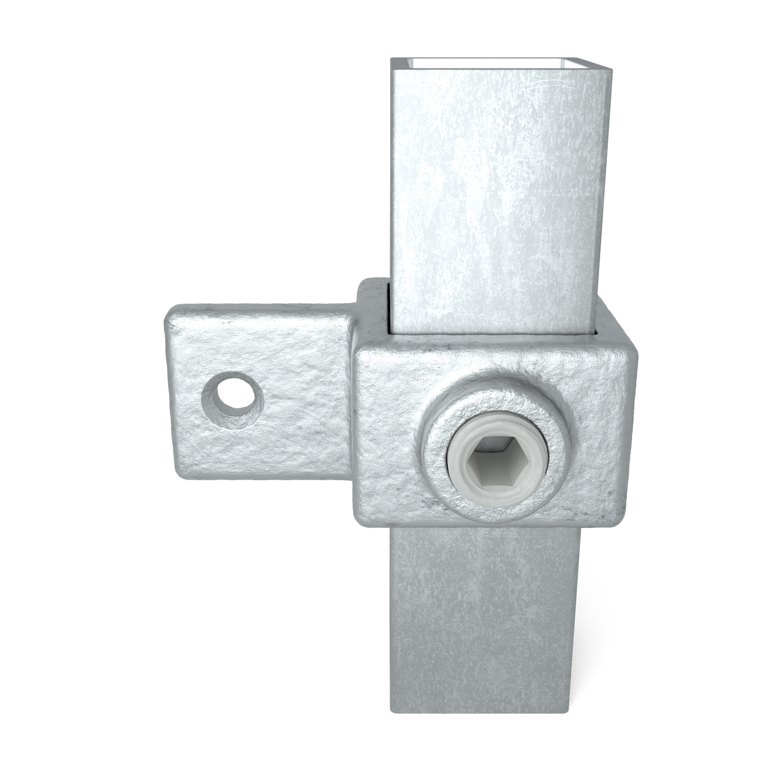 Pieza metálica perfilada gris plateado que une dos tubos cuadrados en ángulo recto. Tubo vertical se inserta desde arriba y el horizontal se fija con tornillo de cabeza hexagonal. Orificio redondo, superficie rugosa e irregular.