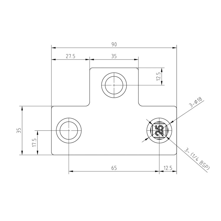 Esquema técnico de una pieza en T larga con tres orificios redondos para tubos cuadrados. Con dimensiones para el montaje: anchura total 90 mm, altura 35 mm. Orificios: 25 mm, 18 mm y 1/4 BSP.