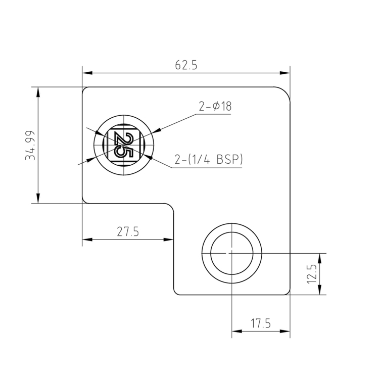Schéma technique d'un coude à 90° pour tubes carrés de 25 mm. Vue de dessus avec des dimensions de 62,5 mm de longueur et 34,99 mm de hauteur. Deux alésages : « 25 », « 2-Ø18 », « 2-(1/4 BSP) ». Autres dimensions : 27,5, 12,5, 17,5 mm.
