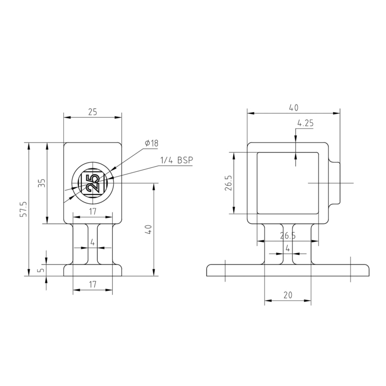 Dibujo técnico del soporte para pasamanos para tubos cuadrados (25 mm). Dos vistas con dimensiones en milímetros: alojamiento cuadrado, orificio central (Ø18, 1/4 BSP) y base de montaje para barandilla/montaje en pared.