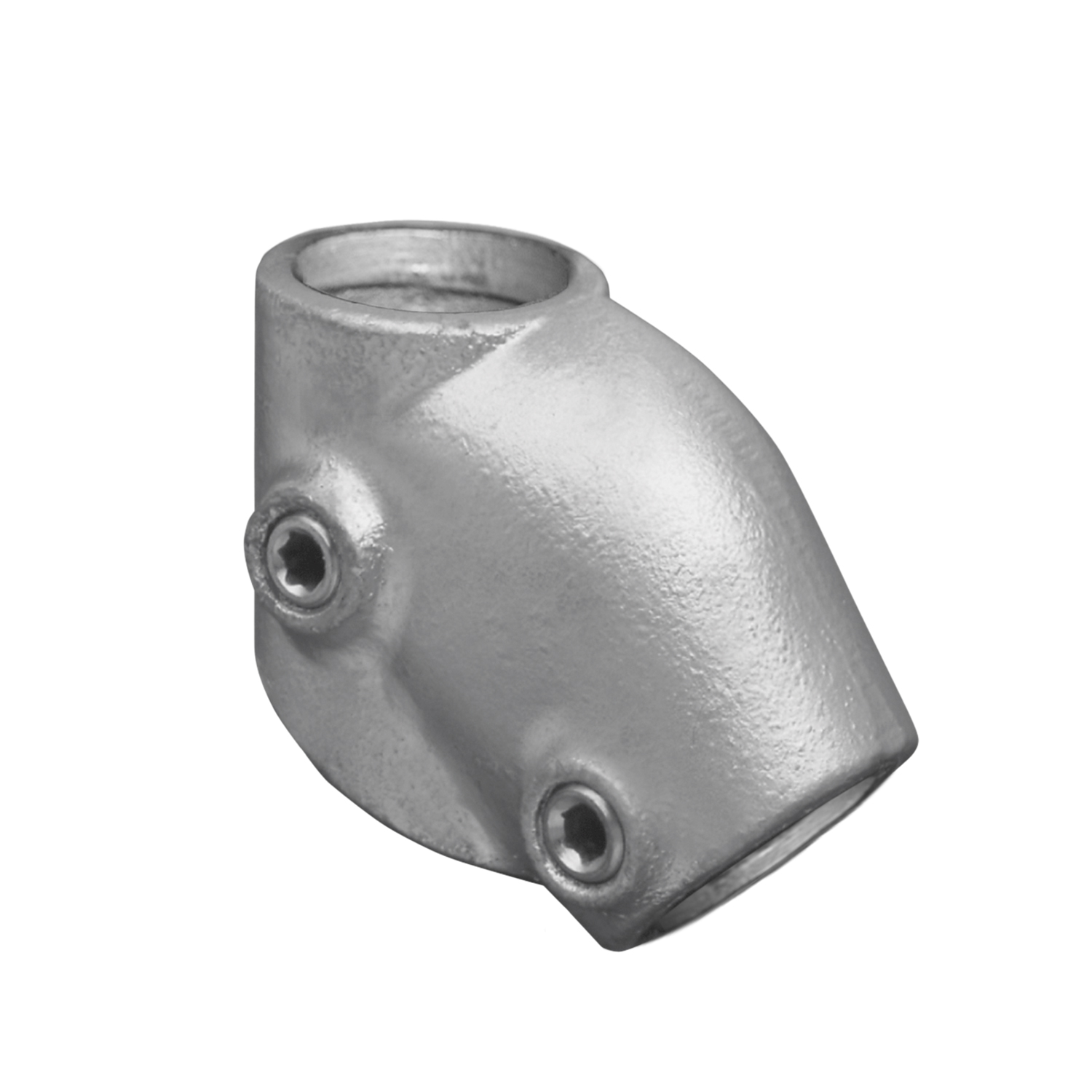 Un empalme para tubos de metal gris y resistente con dos tornillos hexagonales visibles para su fijación. Forma inclinada para unir tubos en un ángulo determinado. Superficie ligeramente rugosa y con brillo mate.