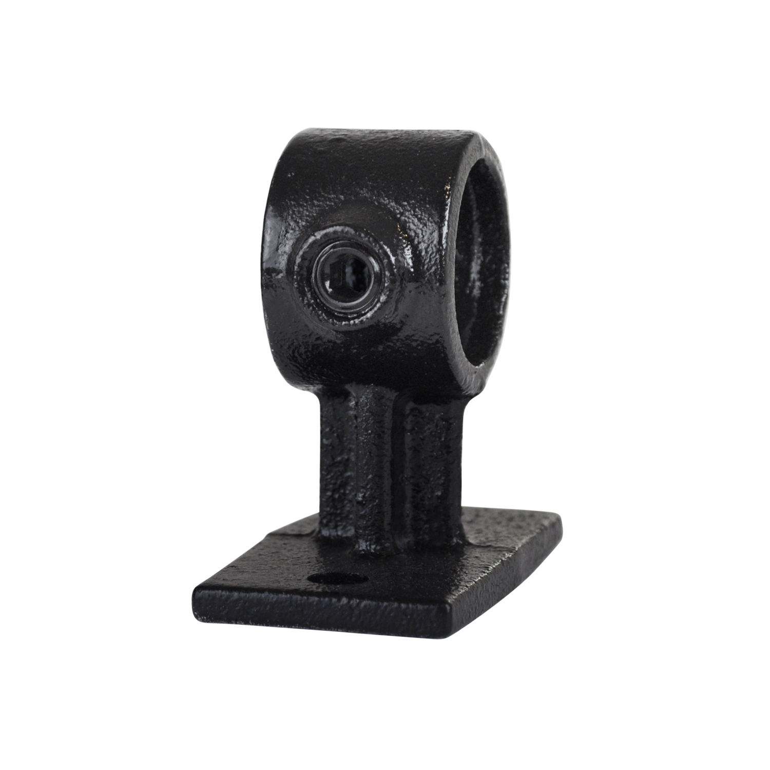Soporte para pasamanos de metal negro mate con base plana y rectangular y dos orificios de fijación para montaje en pared. Brazo de soporte robusto con abertura redonda (Ø 48,3 mm) para tubo, fijado mediante tornillo de ajuste.