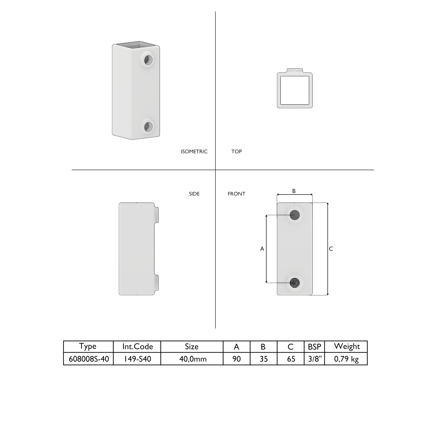 Dessin technique d'un bloc de raccordement rectangulaire gris avec 2 orifices filetés avant. Vues isométrique, dessus, côté et face cotées. Fiche : type, réf., 40,0 mm, A=90 B=35 C=65, BSP 3/8", 0,79 kg.