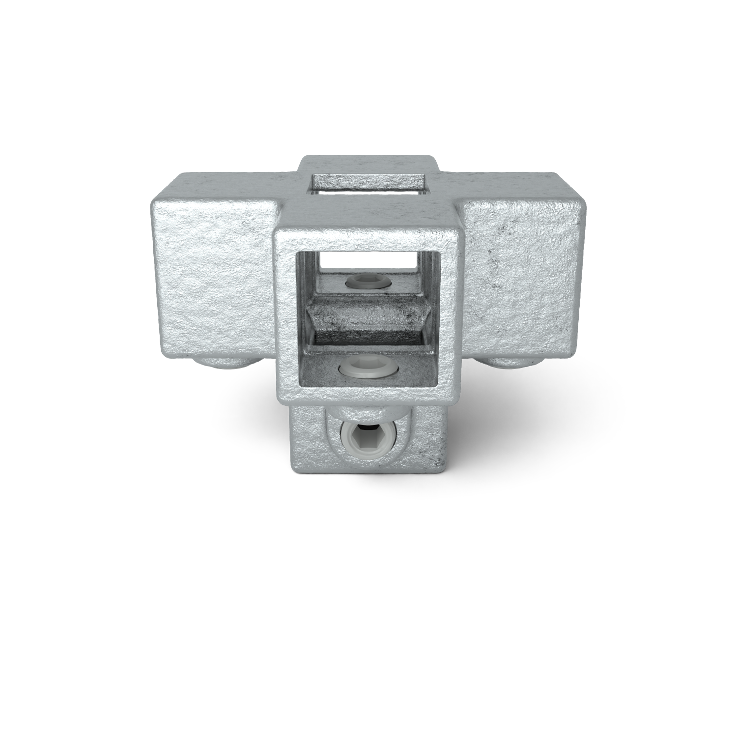 Conector robusto de color plateado, fabricado en acero galvanizado con superficie rugosa, a modo de cruce de cuatro tubos cuadrados. Con cavidad central y cuatro cavidades hacia arriba, abajo, izquierda y derecha, incluye tornillos internos.