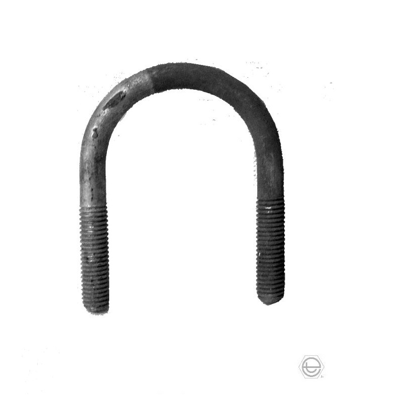 Ein langer Rundstahlbügel in U-Form, aus dunklem Metall gefertigt, mit grob geschnittenen Gewinden an beiden Enden der geraden Schenkel. Der Bügel weist eine leicht unregelmäßige Oberfläche auf und ist vor einem hellen Hintergrund abgebildet.