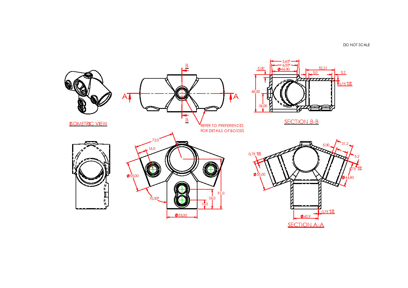 Dibujo técnico de un remate de alero, conector de tubos (42,4 mm / 1 1/4 pulgadas) para construcciones de tejados. Vistas isométricas, en planta y laterales, así como dos secciones transversales con cotas y líneas de corte.