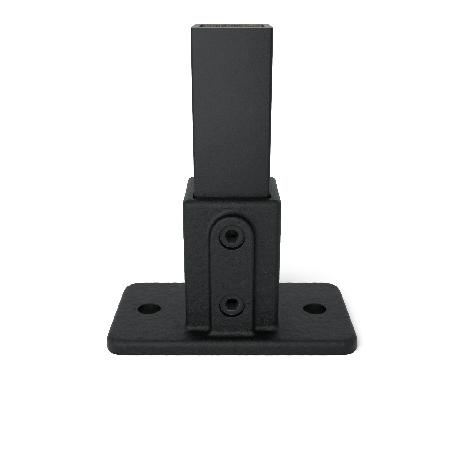 Plaque d'assise rectangulaire noire avec tube carré vertical solidement fixé. Plaque avec deux trous de fixation latéraux, tube fixé à la base par deux vis hexagonales noires. Structure mate, stabilisation, non adaptée aux garde-corps.