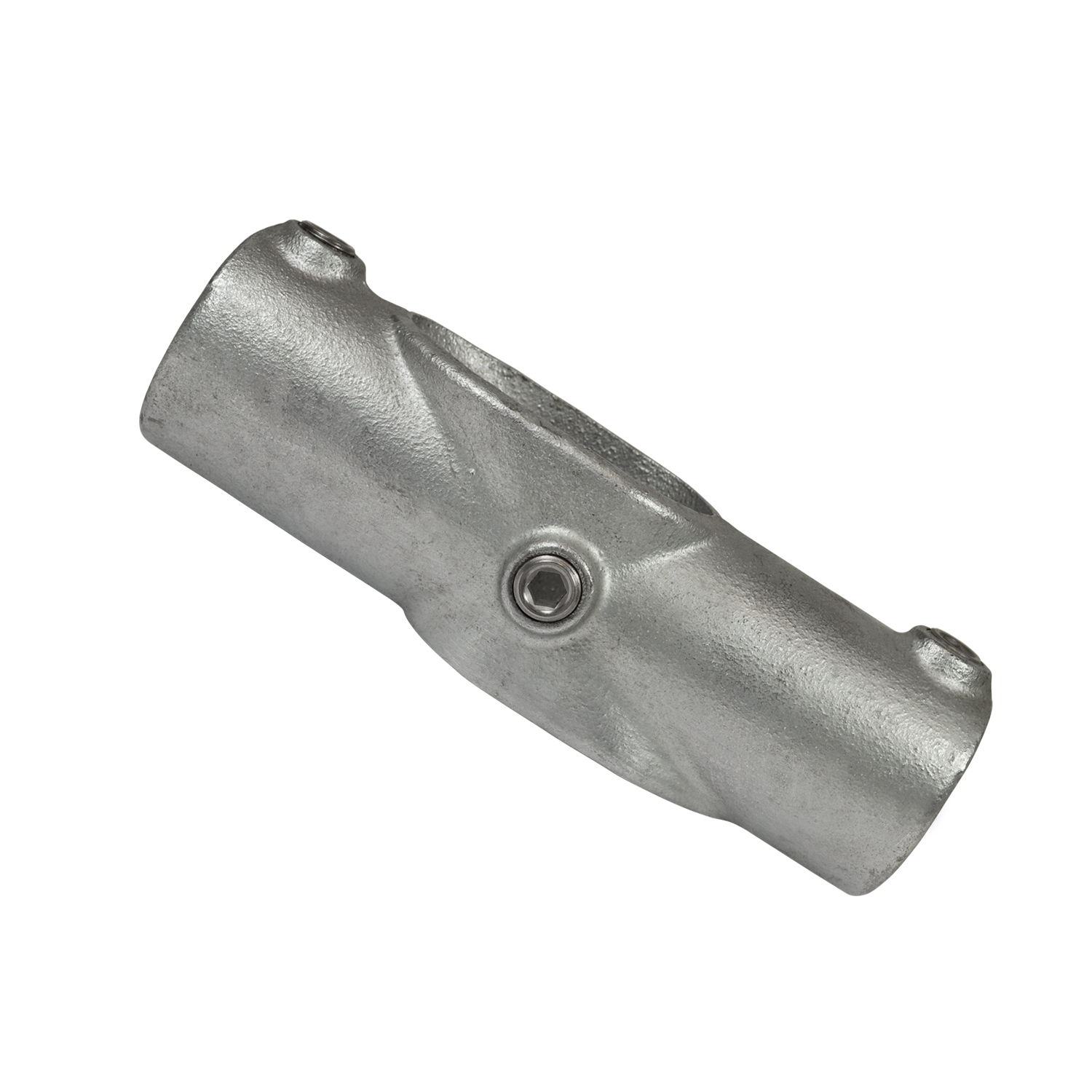 A cylindrical, silver-grey pipe connector made of galvanised metal, shown at an angle against a white background. Coarsely textured surface, with three visible hexagon socket screws for secure pipe fastening.
