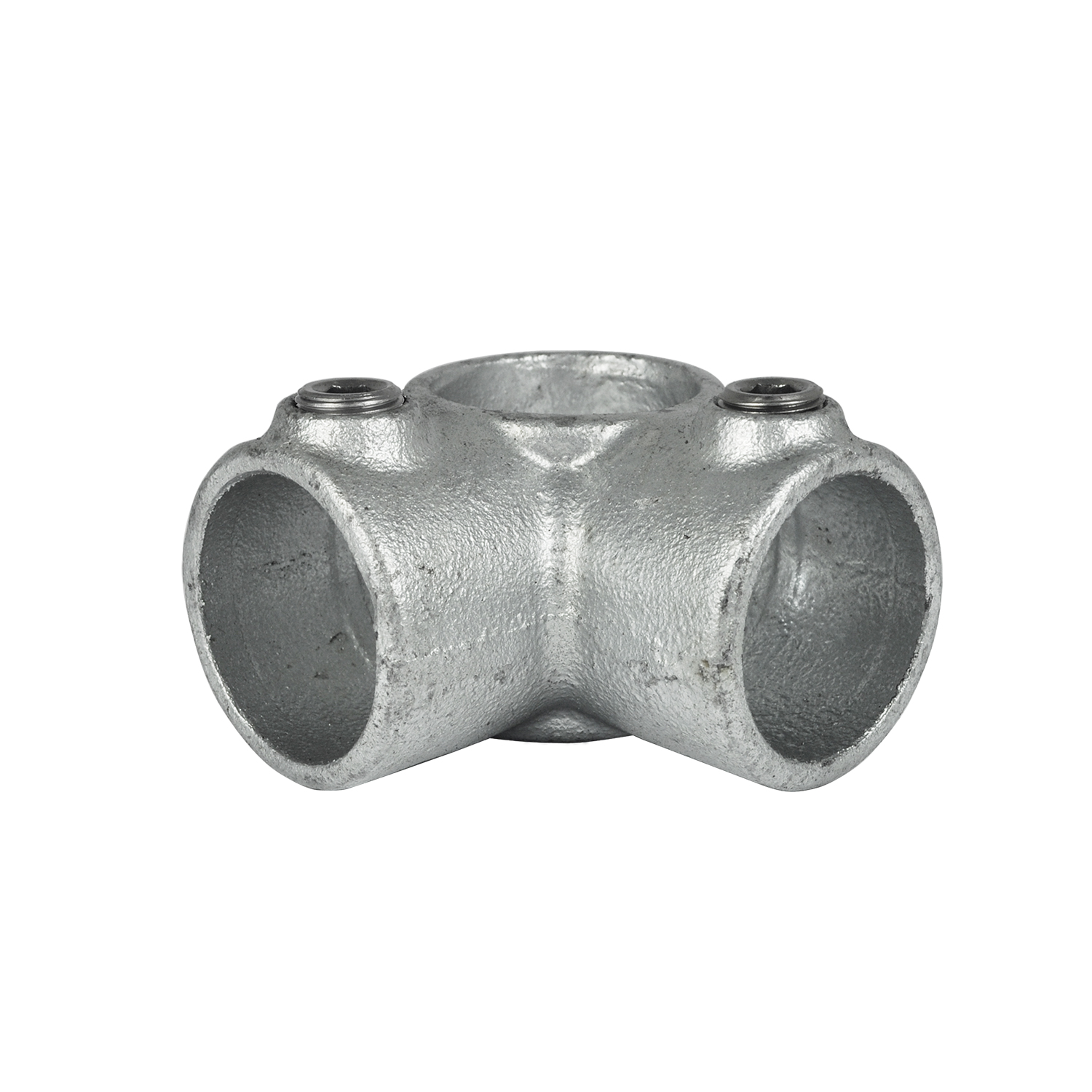 Sturdy, silver-coloured 90° metal corner connector for 26.9 mm (¾”) pipes. One channel runs straight through, with a third opening branching off at a right angle. Two visible screws secure the pipes. Coarsely textured, galvanised steel.