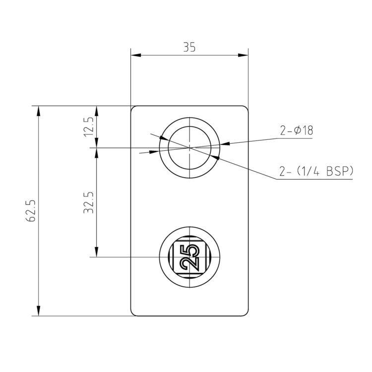 Conector en T para tubos cuadrados de 25 mm. La pieza mide 35 x 62,5 mm y tiene dos orificios redondos de fijación. Una abertura es para tubos de 25 mm y la otra muestra detalles del orificio. Incluye medidas clave.