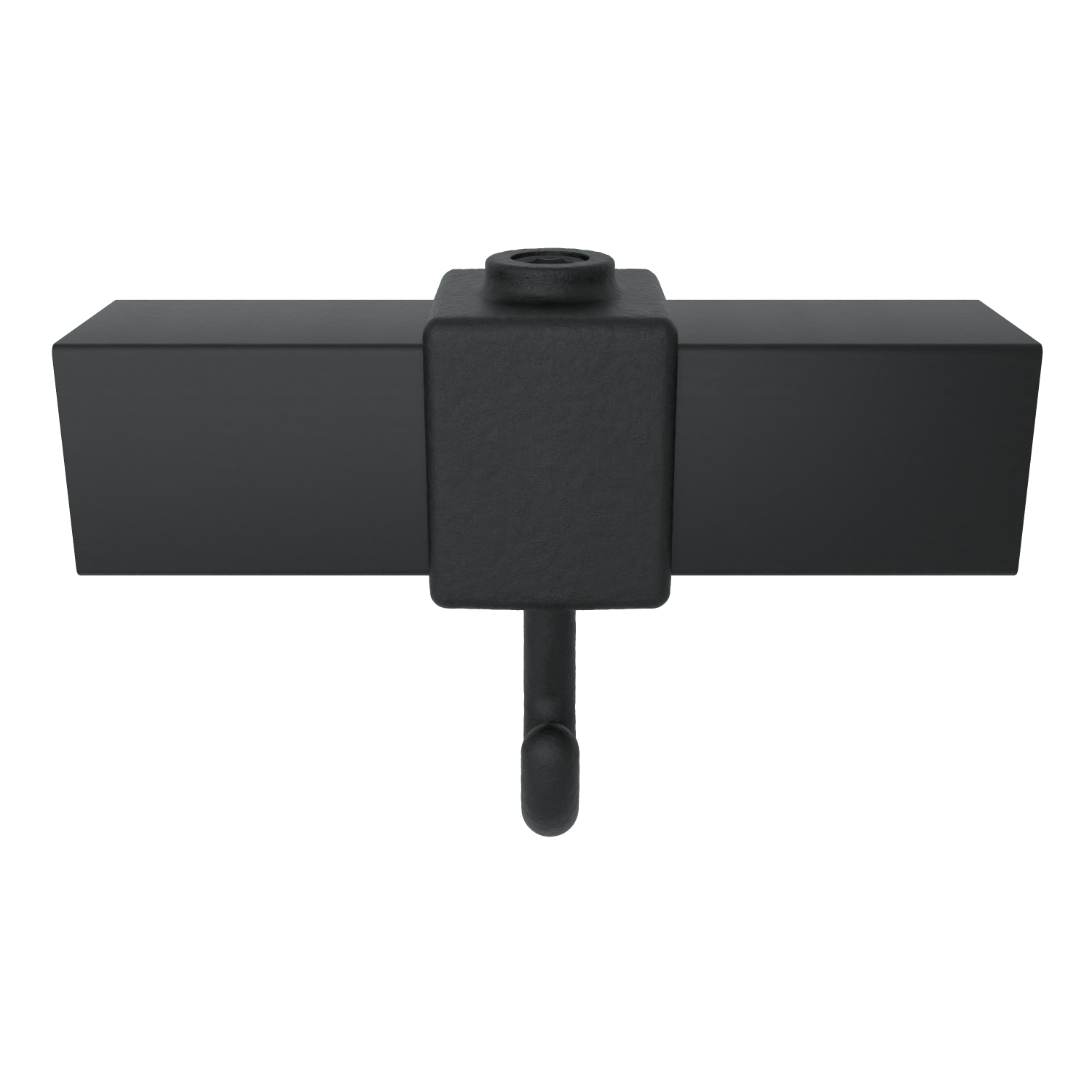Gancho de sujeción negro mate con un bloque cuadrado central y brazos planos rectangulares que sobresalen horizontalmente a izquierda y derecha. Debajo, un gancho robusto curvado hacia abajo; arriba, hendidura redonda.