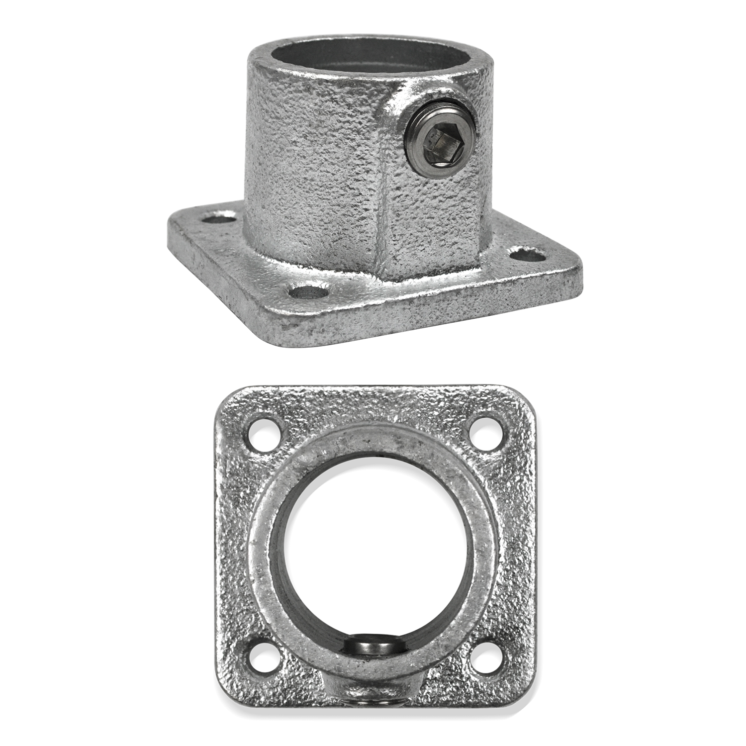 Silver, square metal base plate as a tube connector with four fixing holes. Cylindrical shaft with a hexagon socket screw on the side for securing a tube with a diameter of 33.7 mm. Views: oblique front view and top view of the underside.