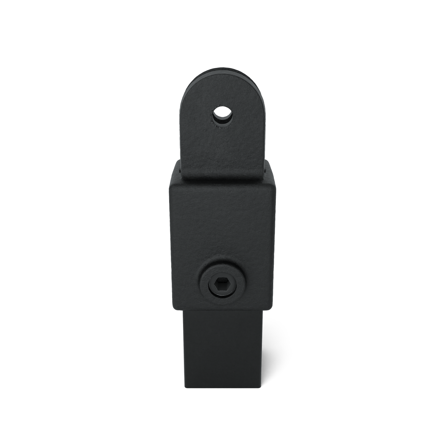 Raccord métallique noir mat avec tige carrée se prolongeant par un corps en forme de bloc. Vis à six pans creux apparente à l'avant. Languette arrondie en haut avec trou traversant pour la fixation ou la rotation.