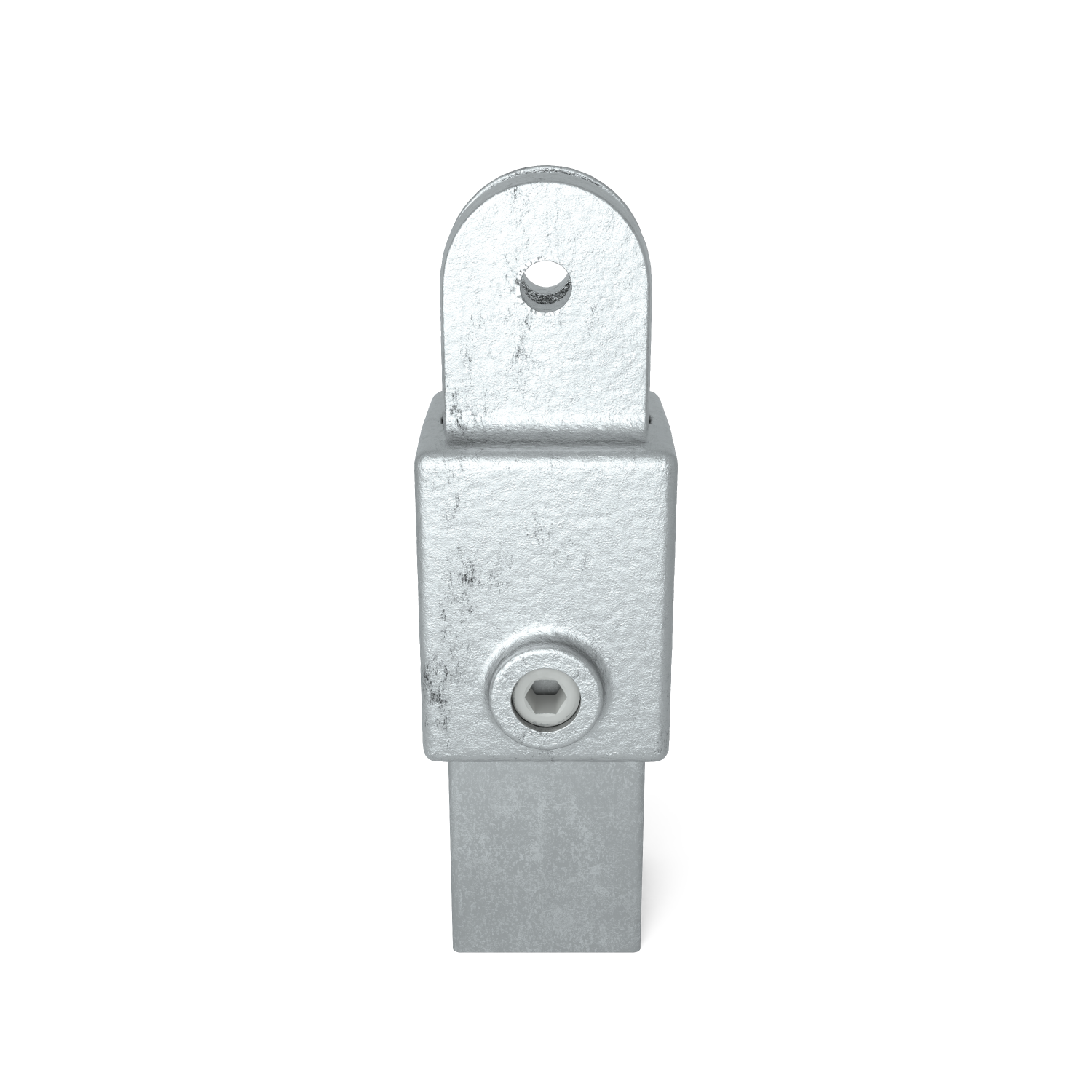 Raccord métallique galvanisé, texture rugueuse argent mat. Emboîtement carré en bas, bloc central avec vis à six pans creux latérale pour fixation, étrier arrondi en haut avec trou central pour raccord flexible. Montage sûr.