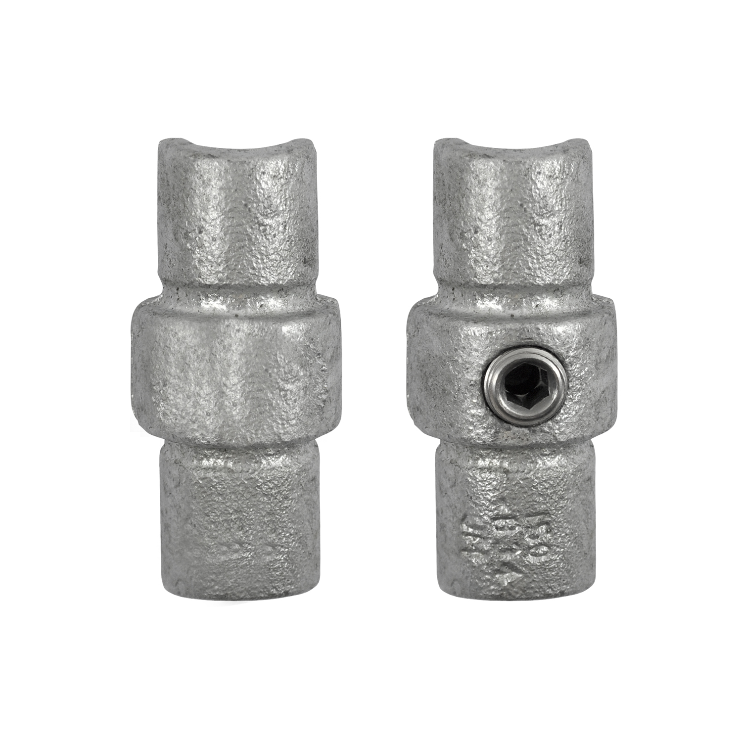 Rallonge de tuyau galvanisée, montrée sous deux angles sur fond blanc. Pièce métallique cylindrique avec évidements en U aux deux extrémités pour raccorder à fleur deux tuyaux de même diamètre. Une vue montre une vis six pans creux.