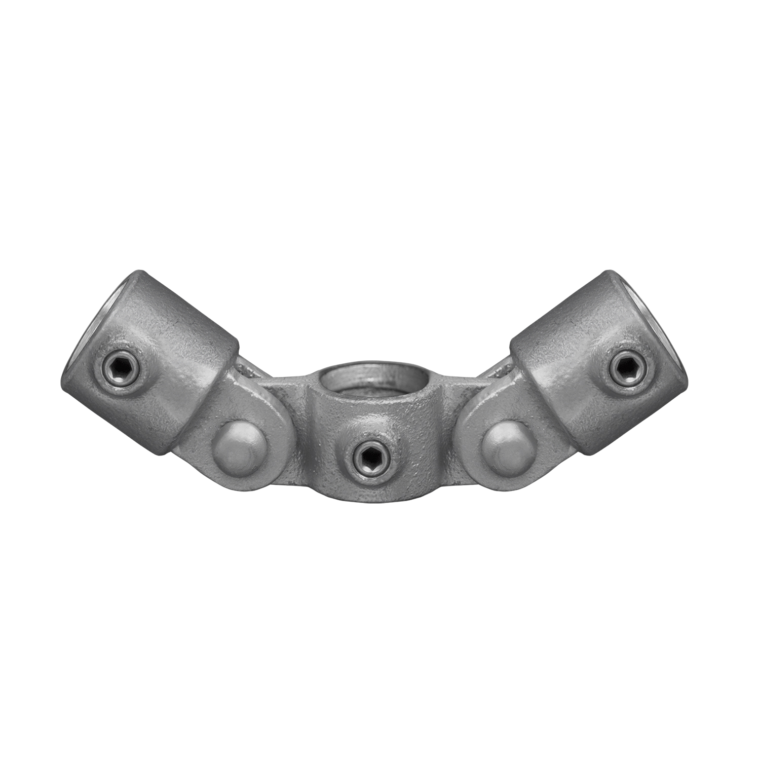 Conector de tubos metálico gris compuesto por tres piezas articuladas. Las exteriores están anguladas y cada una tiene una abertura redonda con tornillo hexagonal de sujeción. La pieza central también tiene abertura con tornillo.