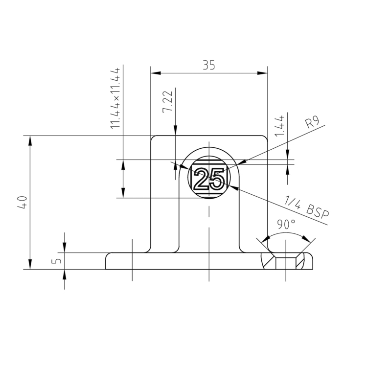 Plano técnico de una placa de base cuadrada con las siguientes dimensiones: 40 mm de altura total, 5 mm de grosor de la base, puntos de fijación para tubos cuadrados. Datos como rosca 1/4 BSP y la marca «25» para el montaje.