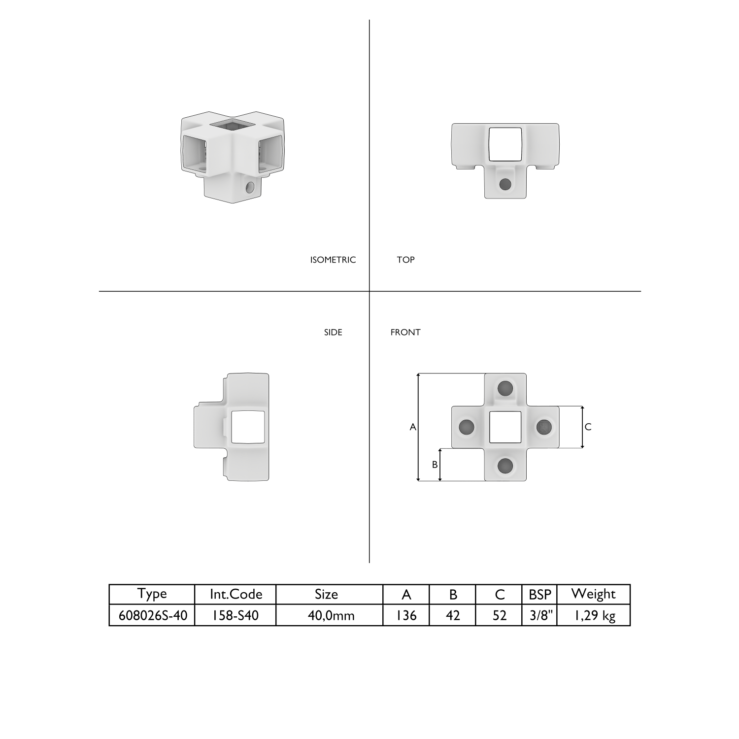 Dessin technique d'un raccord de tuyaux blanc de forme cubique. Quatre vues (isométrique, vue de dessus, vue de côté, vue de face) montrent plusieurs ouvertures carrées et un alésage central. Vue de face avec cotes ; tableau des spécifications.