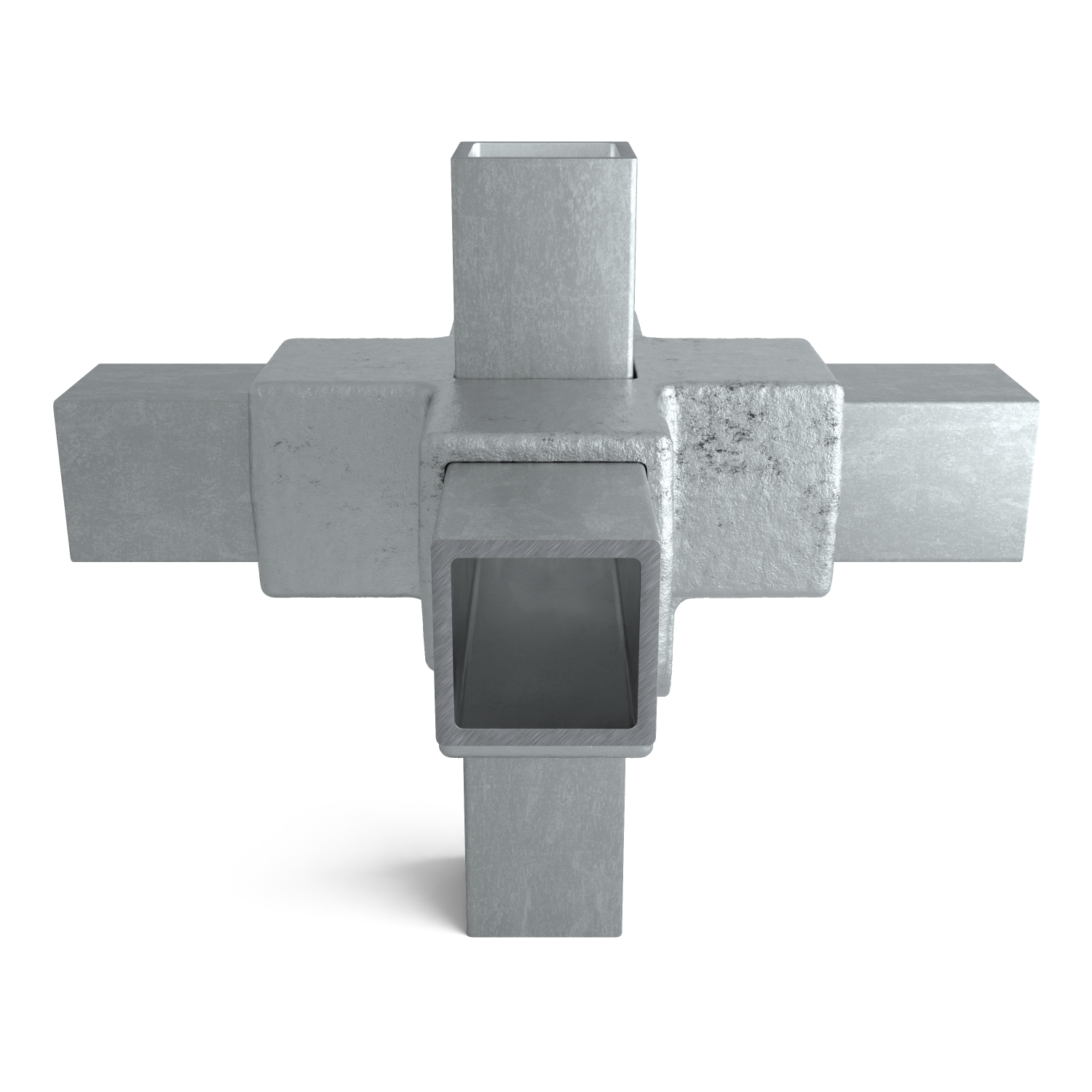 Raccord en croix métallique de cinq profilés creux carrés emboîtés : un vertical croise un horizontal, avec de courts profilés horizontaux de chaque côté. Mat, légèrement texturé, gris clair, sur fond blanc, ombre subtile.