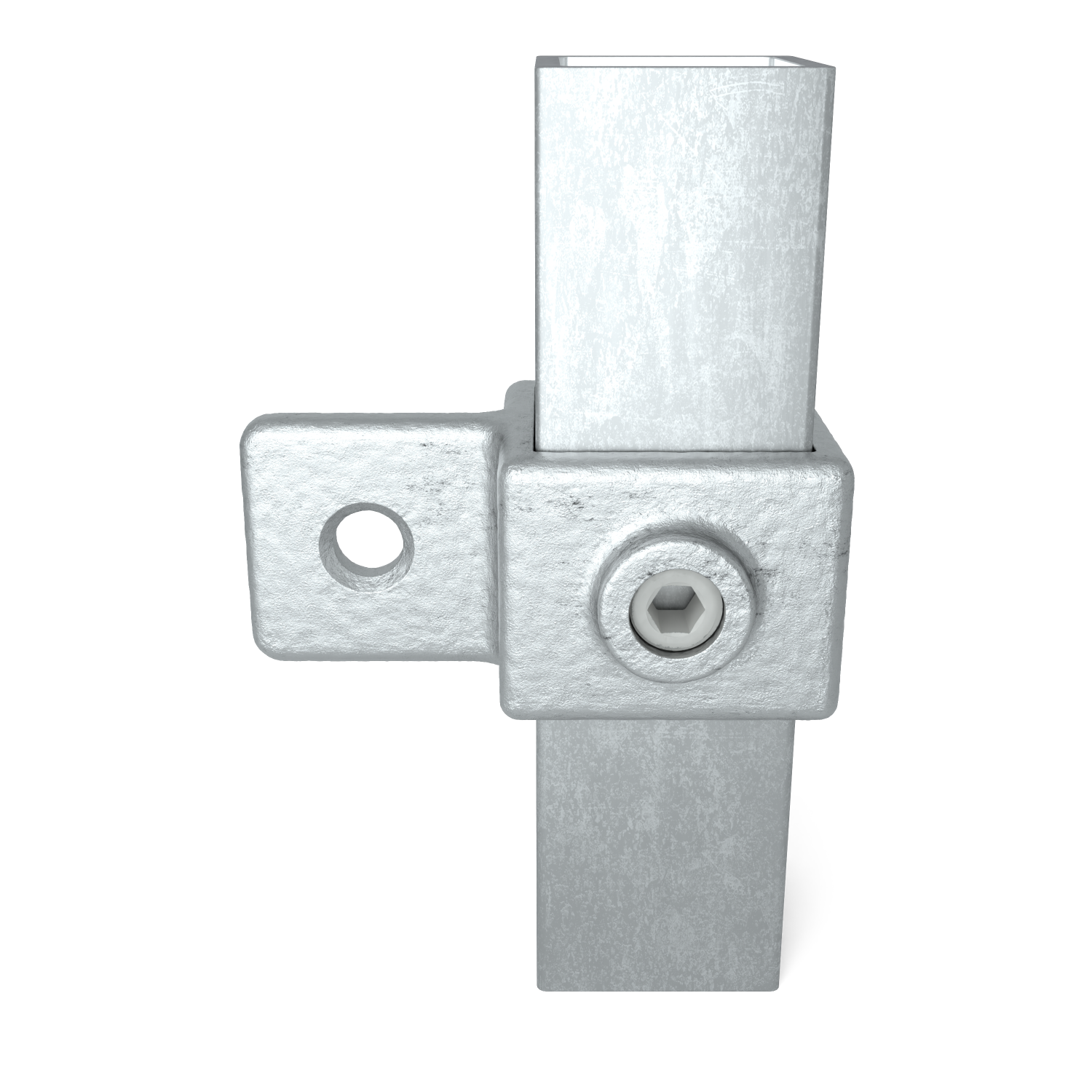 Imagen detallada de un robusto conector metálico galvanizado para tubos cuadrados en junta en T: el tubo superior hacia arriba y el inferior hacia abajo. A la izquierda, una placa de fijación con orificio. Un tornillo hexagonal fija la unión.
