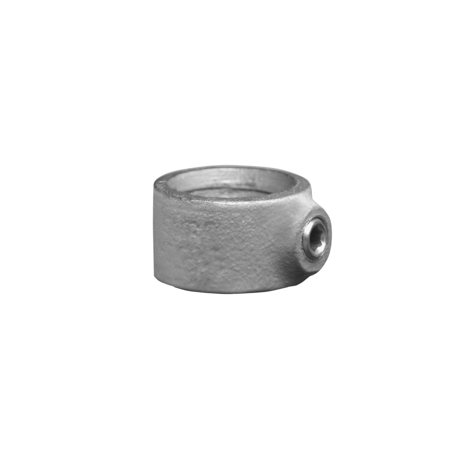 Anillo metálico cilíndrico y resistente en tonos grises, usado como anillo de ajuste o seguridad. Con tornillo de cabeza hexagonal para apretar, fijar tubos o varillas y aumentar la resistencia al deslizamiento. Superficie rugosa.