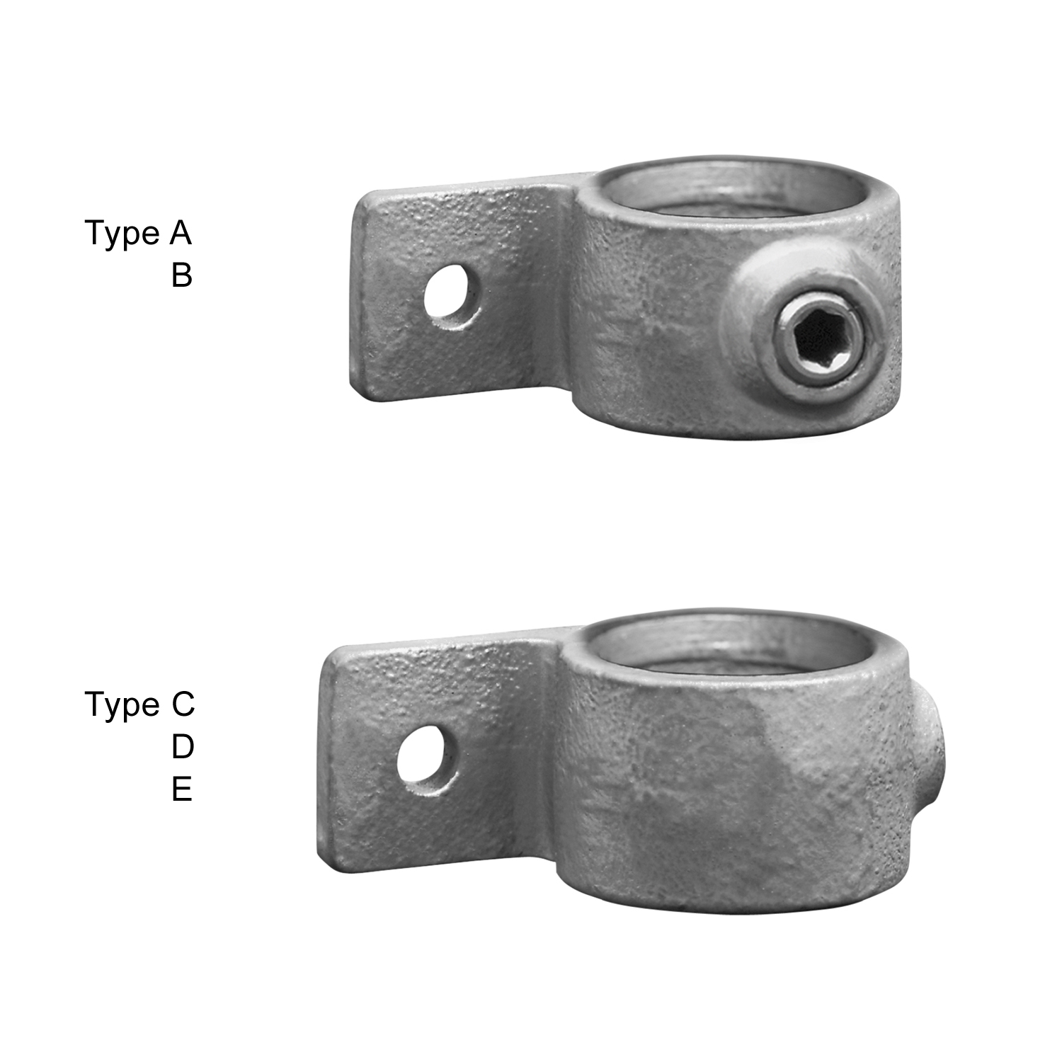 Deux raccords de tuyaux métalliques gris avec œillet pour tuyaux de 26,9 mm (¾”) et languette plate avec trou de fixation. En haut, vis à six pans creux latérale pour la fixation ; en bas, sans vis apparente. Surface robuste et légèrement texturée.