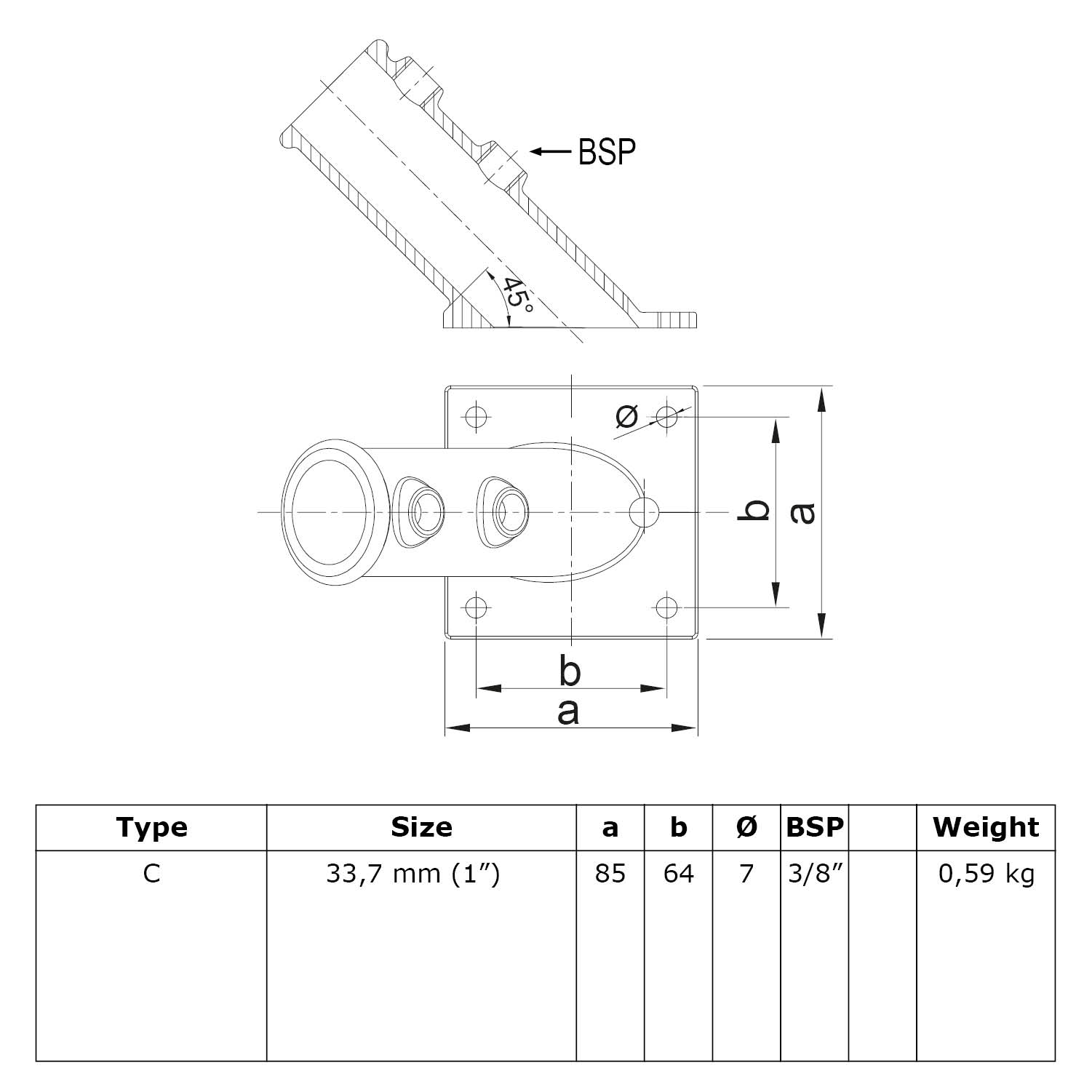 Dibujo técnico de un conector de tubos de 45 grados con rosca BSP. Dos vistas muestran el ángulo y la placa de montaje con cuatro orificios para tornillos y las dimensiones. Tabla: Tipo C, 33,7 mm (1"), a=85, b=64, Ø=7, BSP 3/8", 0,59 kg.