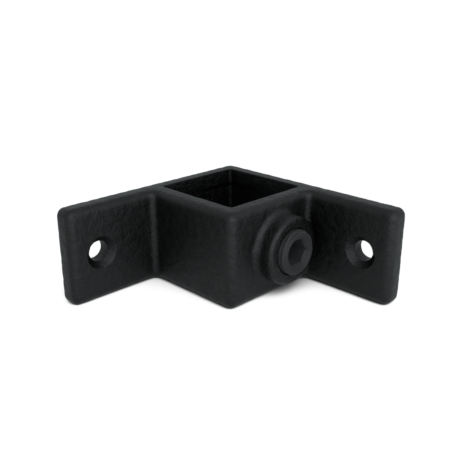 Raccord d'angle en métal noir mat en forme de L avec une ouverture carrée. Un trou rond sur chacune des deux branches plates. Une vis à six pans creux visible sur le côté dépasse dans l'ouverture. Sur fond blanc.