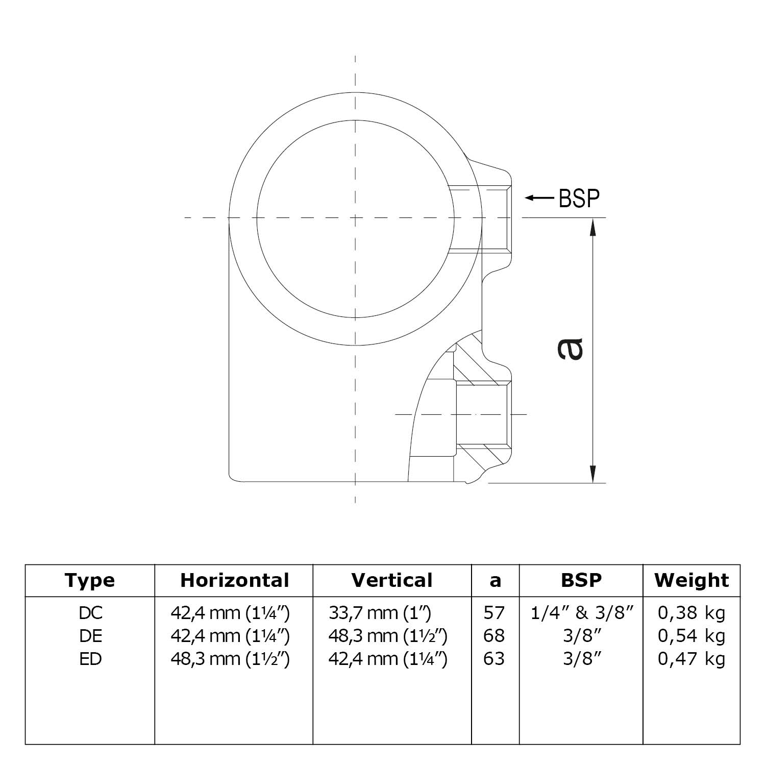 Esquema técnico de un accesorio en T para la conexión de tubos de diámetros diferentes. Vista en planta con conexión BSP y medida «a». Tabla con los tipos DC, DE, ED, así como medidas combinadas (42,4 mm/1¼”, 33,7 mm/1”), tamaños BSP y pesos.