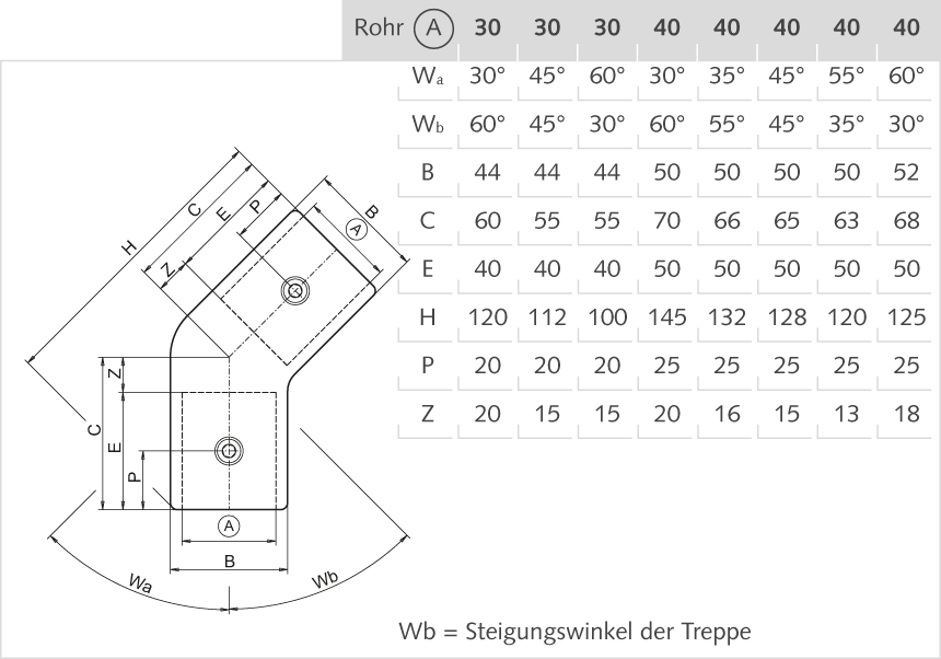 Winkelstück Aluminium 40mm Wa 35°/Wb 55°/145°