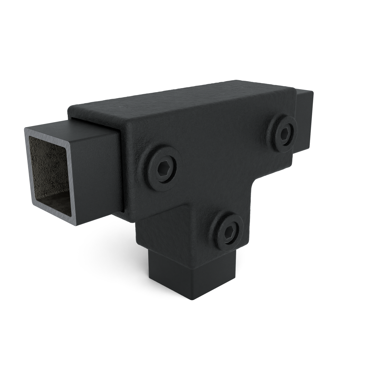 Raccord en T noir pour profilés carrés, avec une surface rugueuse et mate. Trois vis à tête hexagonale apparentes fixent les tubes : un tube horizontalement à gauche, un autre verticalement vers le bas. Robuste.