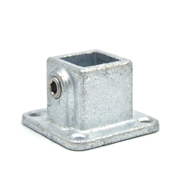 Placa de base cuadrada de metal galvanizado para la fijación de tubos cuadrados (25 mm). Con tornillo Allen lateral para una fijación segura y cuatro orificios de fijación en la placa base para un montaje estable.