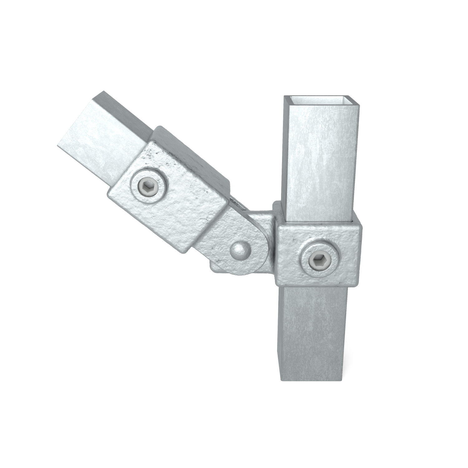 Articulación metálica de color gris plateado para tubos cuadrados: columna vertical con abertura cuadrada, unida a un brazo inclinado hacia arriba y a la izquierda; fijada con tornillos hexagonales, sobre fondo blanco.